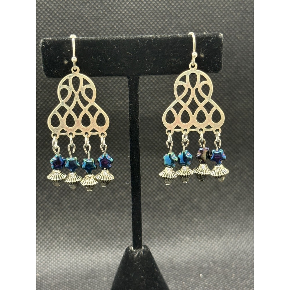 Silver Tone Boho Filigree Chandelier Earrings Iridescent Star Czech Glass Beads